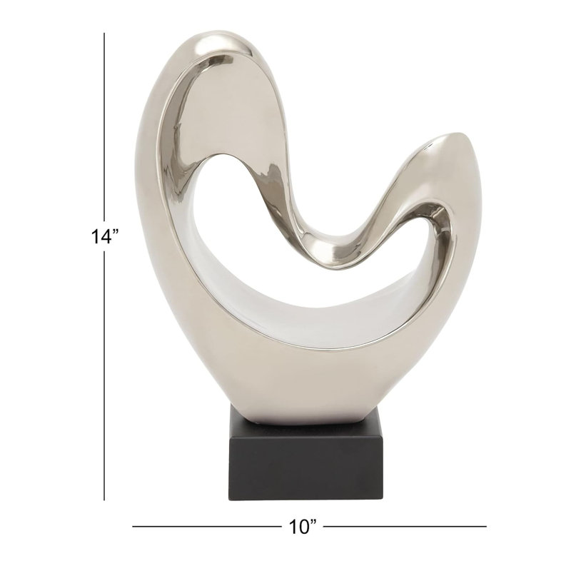 Silver Porcelain Abstract Heart Statue with Black Base
