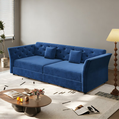 74.4" Queen Pull-Out Sofa Bed, Convertible Velvet Sleeper Sofa With Handmade Floral Tufting, Multi-Functional Loveseat