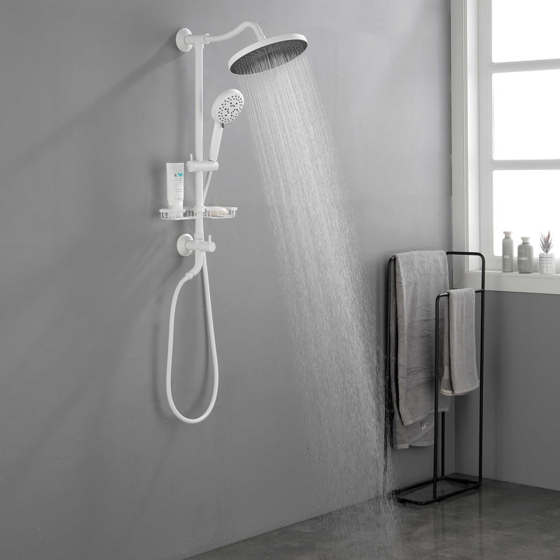 Showerspas Shower System, With 10" Rain Showerhead, 4-Function Hand Shower, Adjustable Slide Bar And Soap Dish, White