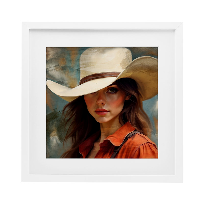 «Cowgirl Gaze Beneath Hat», reproduction encadrée sous verre, conception de Kim Allen, H 13 po x l 13 po, Cadre blanc côtier