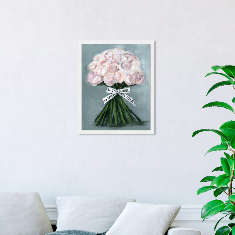 «Pink Pastel Rose Floral Bouquet», cadre flottant, impression sur papier, H 26 po x l 22 po, Cadre blanc