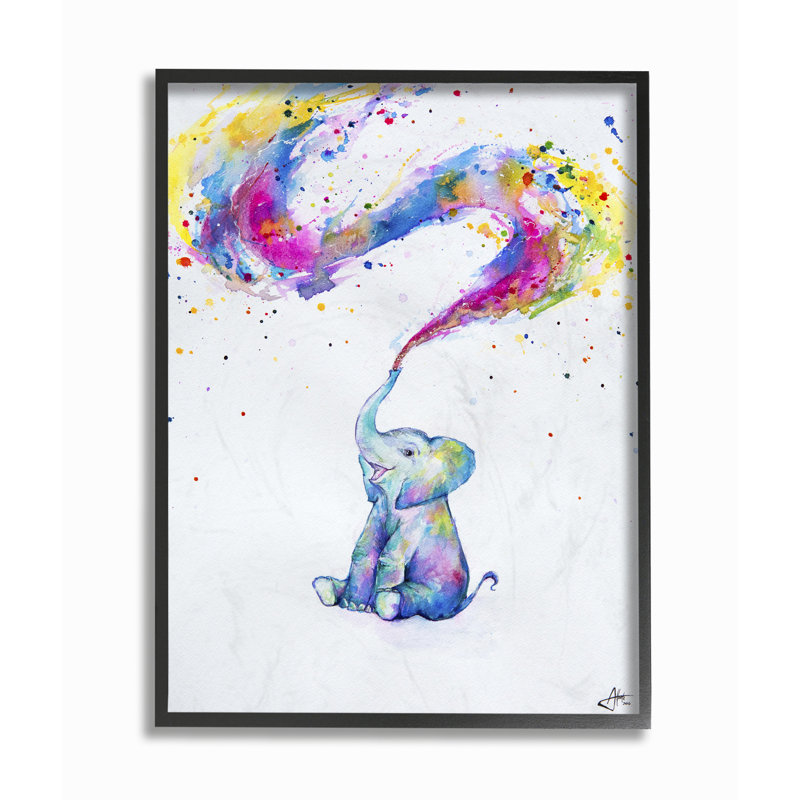 Dvorak, éléphant abstrait coloré, peinture à l'aquarelle, H 14 po x l 11 po x P 1,5 po, Giclée encadrée noir minuit