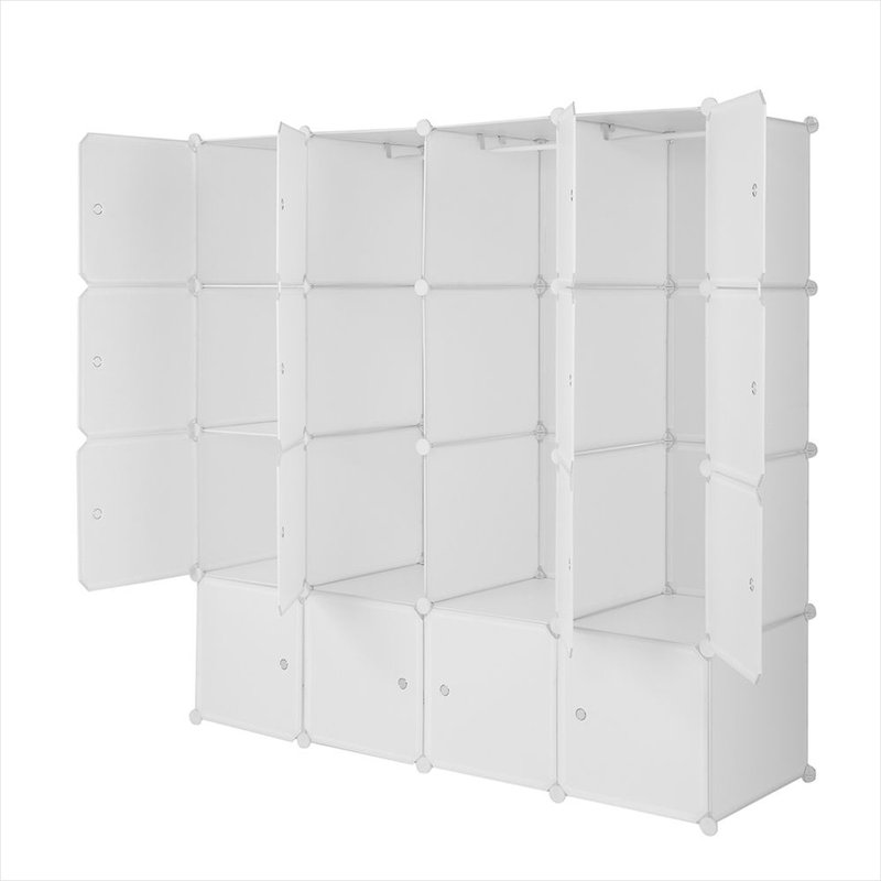 Organiseur modulaire de 16 cubes avec structure en fil d'acier et barres de suspension, blanc pur, pour chambre et bureau