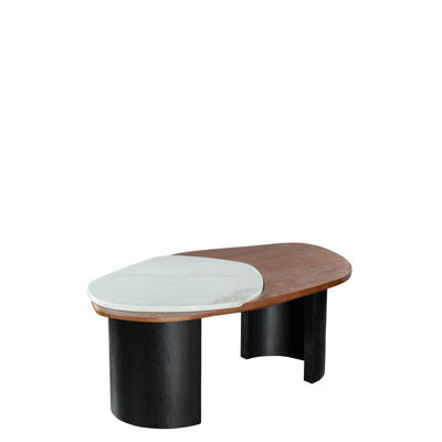 Braxton 48" Modern Irregular Coffee Table with White Marble and Sculptural Black & Brown Wood Base – Contemporary Living Room Accent  