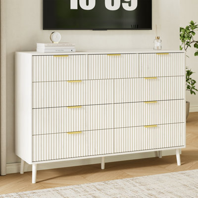 Fluted 9-Drawer Double Dresser For Bedroom, 55.1" Modern Chest Of Drawers With Deep Drawers, Curved Profile Design, Wood Drawer Organizer For Living R by Latitude Run
