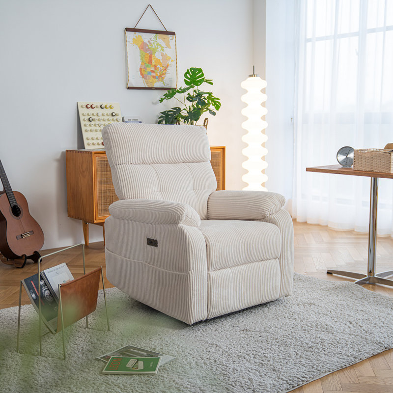 Fauteuil inclinable électrique à gravité zéro - Velours côtelé moelleux avec ports de charge USB et Type-C, poche de rangement latérale, conception extra large pour adultes, soutien lombaire ergonomique, blanc