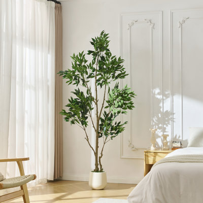 6ft Artificial Ficus Tree With Realistic Leaves, Maintenance-free Faux Plant In White Pot For Living Room, Corner Or Office Decor