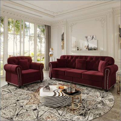 Canapé Chesterfield rembourré en velours avec garniture cloutée et accoudoirs roulés, canapé de style Mid-Century moderne capitonné, comprenant 1 repose-pieds