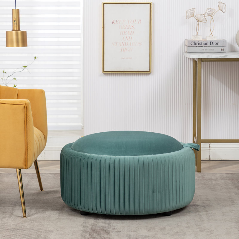 Savinien Upholstered Round Storage Ottoman, Teal Velvet