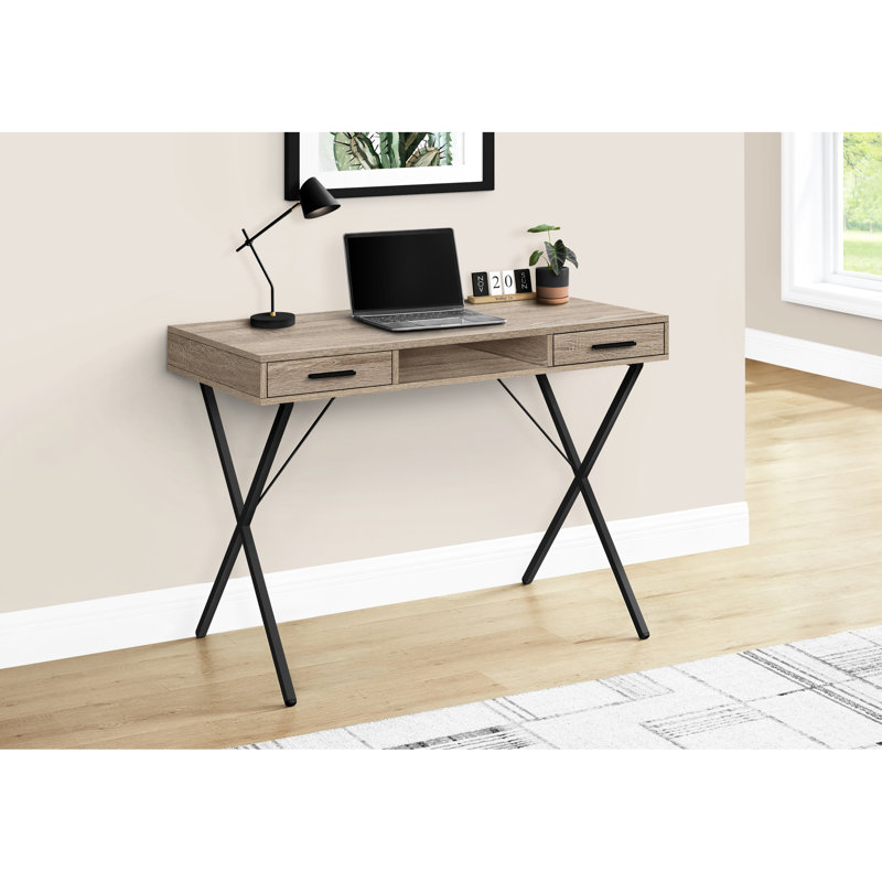 Table de travail taupe pour la maison - 42 po de longueur, pieds en métal, 2 tiroirs et table d'ordinateur de bureau ouverte l 42 po, stratifié foncé, structure noire,