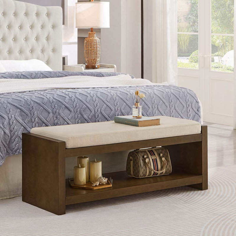 Banc de rangement en bois avec coussin amovible, tablette inférieure, Ivoire ivoire