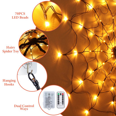 3.28 FT Halloween Spider Web Light with Hairy Spider, 70 LED Battery-Operated Web Light with Remote, 8 Modes