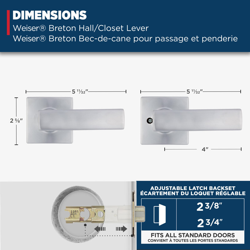 Poignée de porte de passage bretonne avec rosette bretonne, Chrome satiné