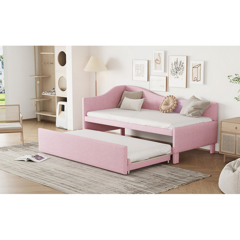 Upholstered L-Shaped Upholstered Daybed With Pop Up Trundle, Pink