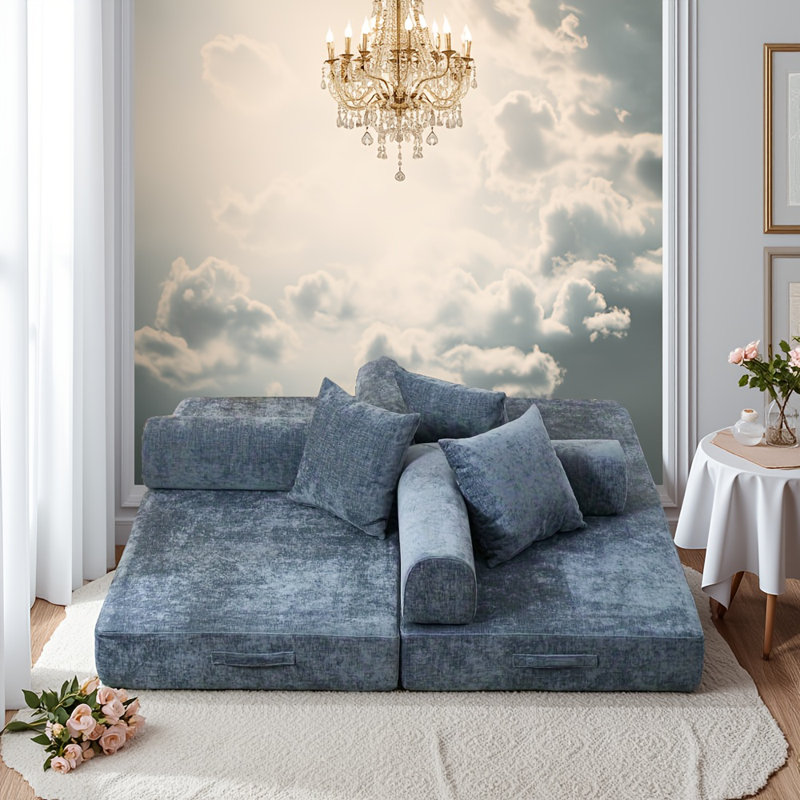 Canapé-lit pliant convertible bleu en chenille avec accoudoirs pour le salon, la chambre à coucher, le salon et le studio