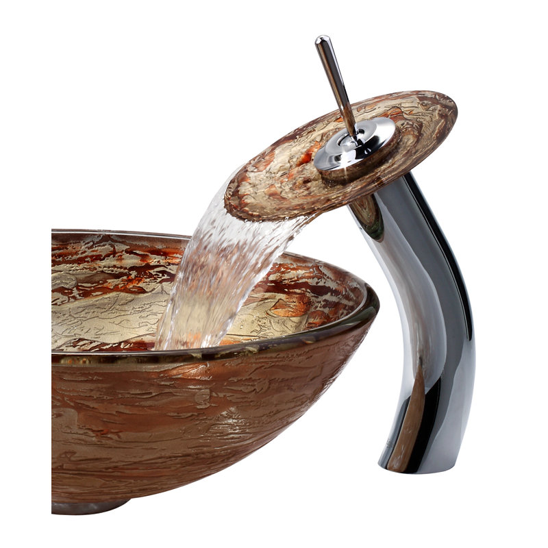 Copper Glass Circular Vessel Bathroom Sink with Faucet and Overflow, Chrome
