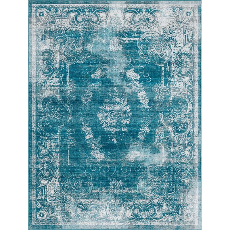 Tapis bleu à motif floral Dota, Rectangle 10 pi x 13 pi 1 po