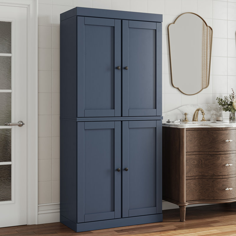 Armoire de rangement 100% bois massif 32 po avec portes Shaker, 2 tiroirs et tablettes réglables, Bleu antique