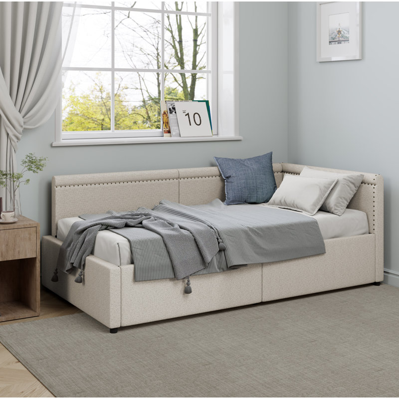 Modern Style Twin Size L Shape Corner Bed, Linen Upholstered Daybed with Two Storage Drawers, Beige