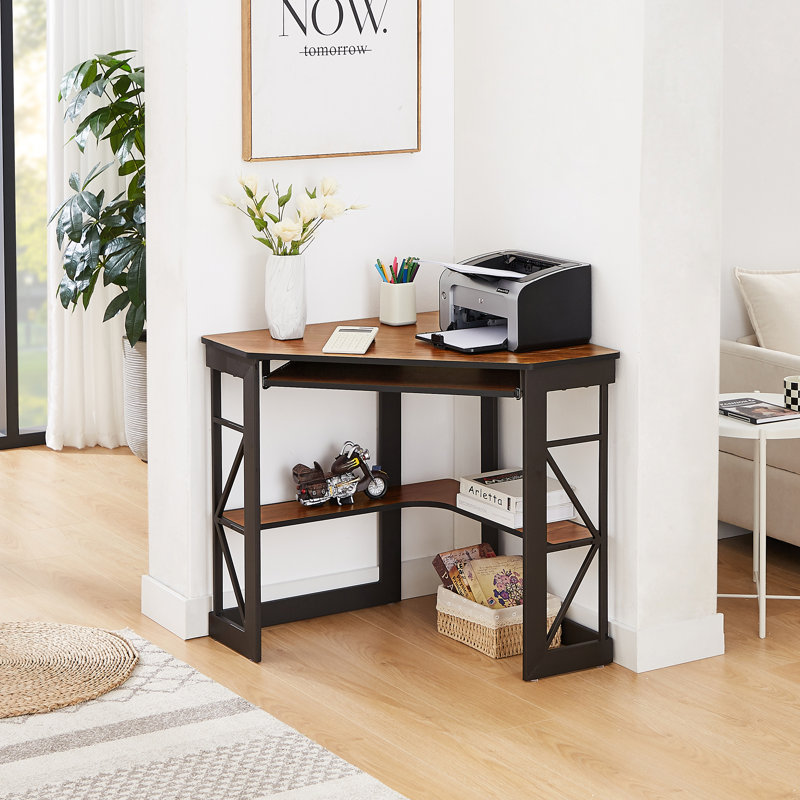 Lambrecht Corner Desk with Storage Shelves, Triangle Computer Desk with Keyboard Tray & Bookshelves for Small Space, 90 Degrees Space Saving Writing Desk Laptop PC Table for Home Office, Living Room, Bedroom