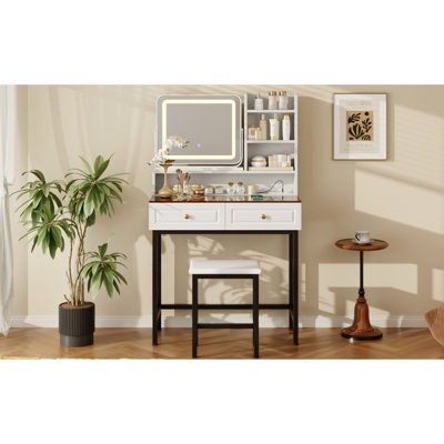 Makeup Vanity With 3 Lighting Modes Led Mirror, 2 Drawers, - Tier Shelving, Amber Glass Table, Built In Charging, Metal Legs, Stool, White Dressing Table 360 Adjustable Color Lighting, Visible