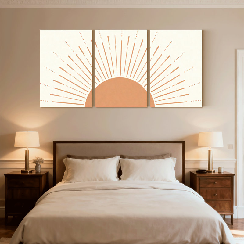 Ensemble de 3 impressions sur toile avec motif rayonnant et tons chauds, H 24 po x l 48 po