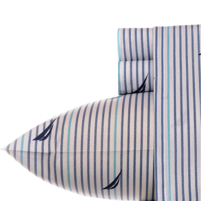 Bradford 200 Thread Count Breathable Cotton Percale Sheet Set, Twin Sheet Set with 1 Pillowcase, Audley Stripe Blue