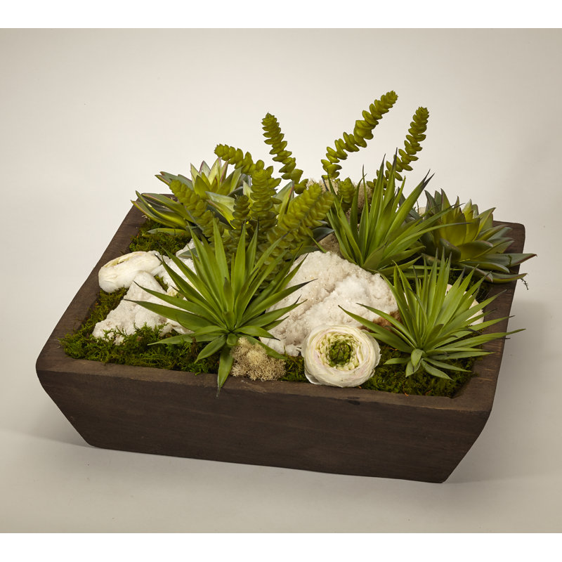 Faux Succulent in Wood Planter