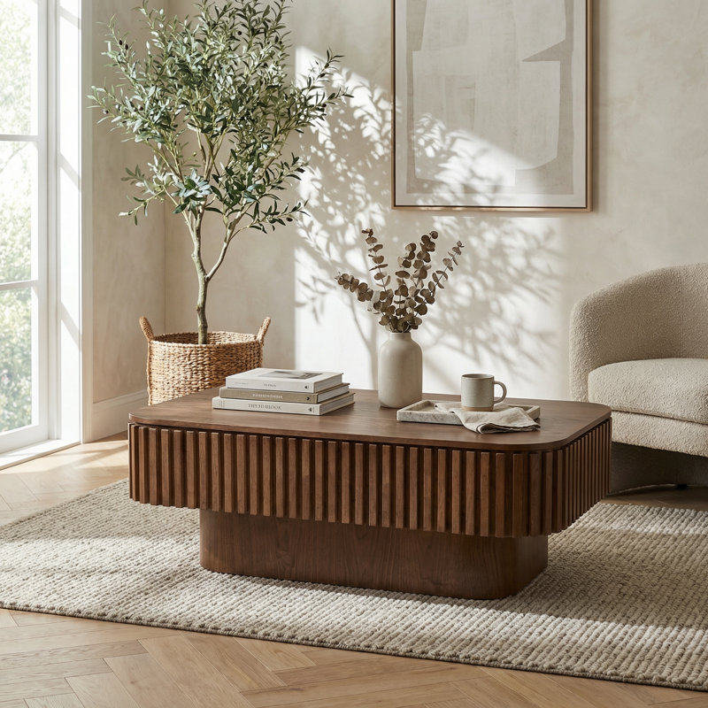 Table basse cannelée à plateau relevable avec rangement et hauteur réglable, table d'appoint moderne pour salon, chambre à coucher, appartement ou bureau, finition noyer