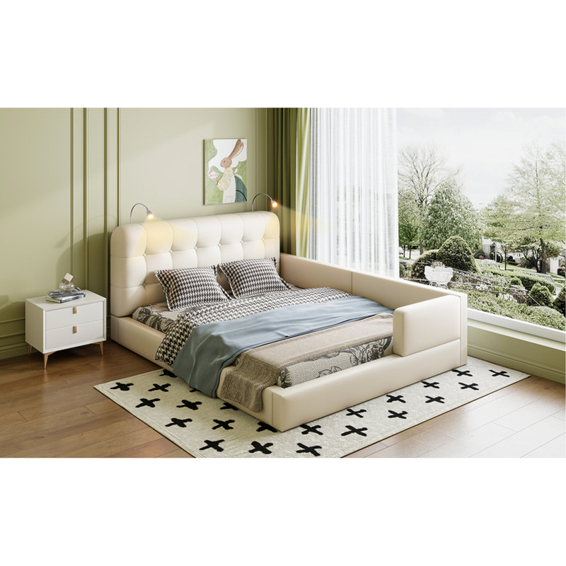 Grand lit plateforme tapissier avec 2 lampes de lecture, blanc