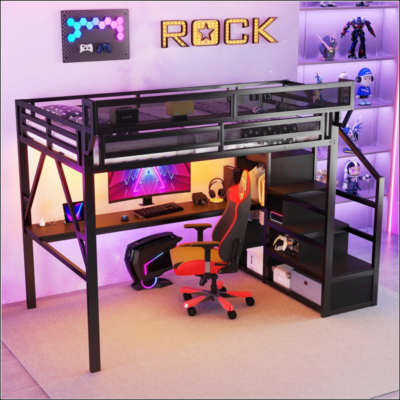 Lit mezzanine double en métal avec bureau, rangement et station de charge, idéal pour les enfants et les adolescents, conception peu encombrante, noir