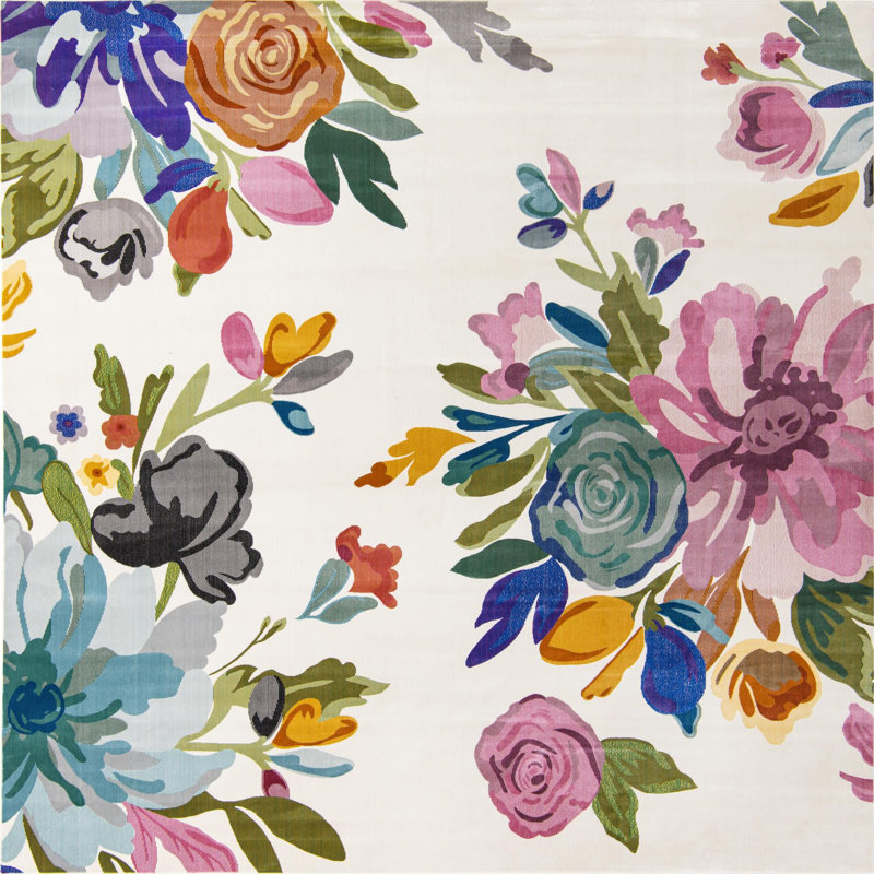Tapis à motif floral vert / mauve / bleu / ivoire / gris / orange Aludra, Carré 10pi