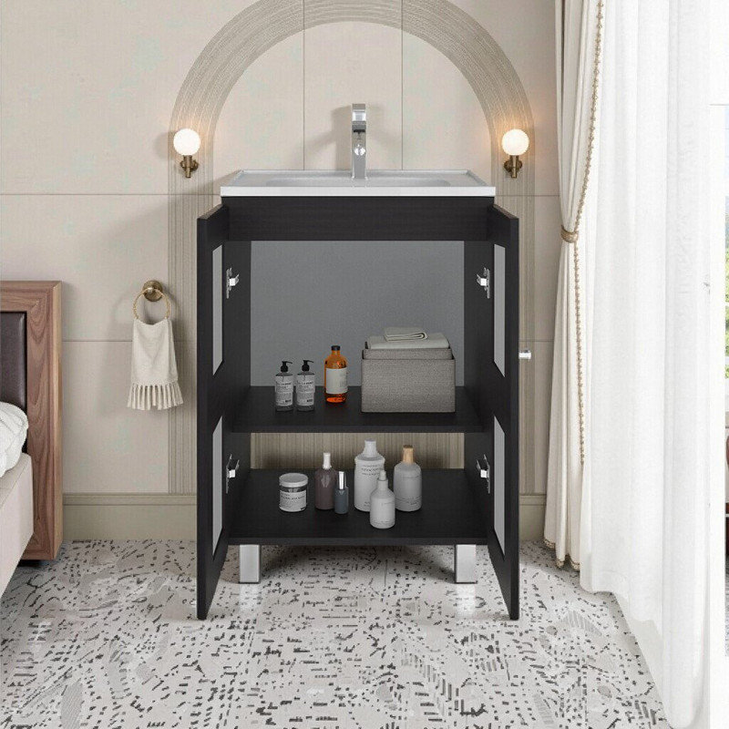 Meuble-lavabo compact avec portes en verre givré, lavabo en résine et 2 tablettes, Chêne foncé