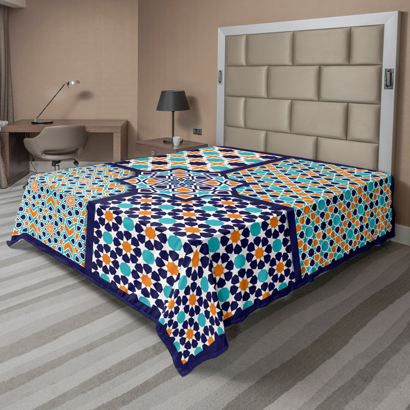 Ambesonne Orient Top Flat Sheet Mosaic Motifs, California King Flat Sheet, Blue Orange White Patchwork