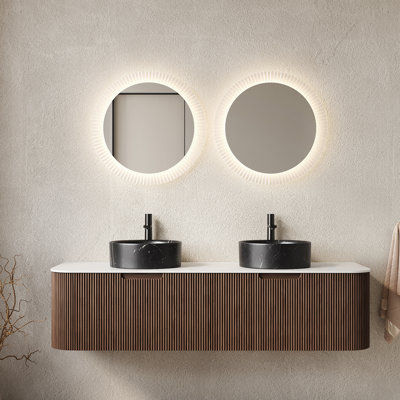 Ensemble de meuble-lavabo 60 po 60 po, 2 tiroirs, 2 lavabos ronds noirs en céramique et un plateau en pierre frittée blanc de Carrare, pré-assemblé, grain de bois noyer foncé