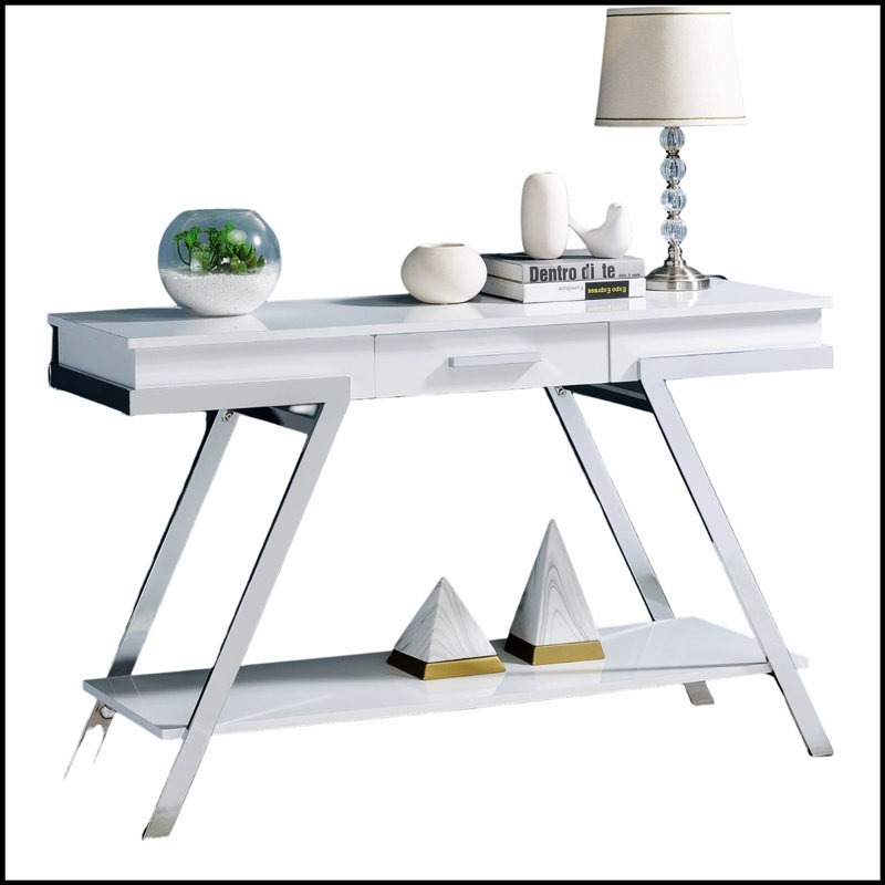 Table de canapé blanche de style contemporain avec finition ultrabrillante et structure chromée pour une vie moderne