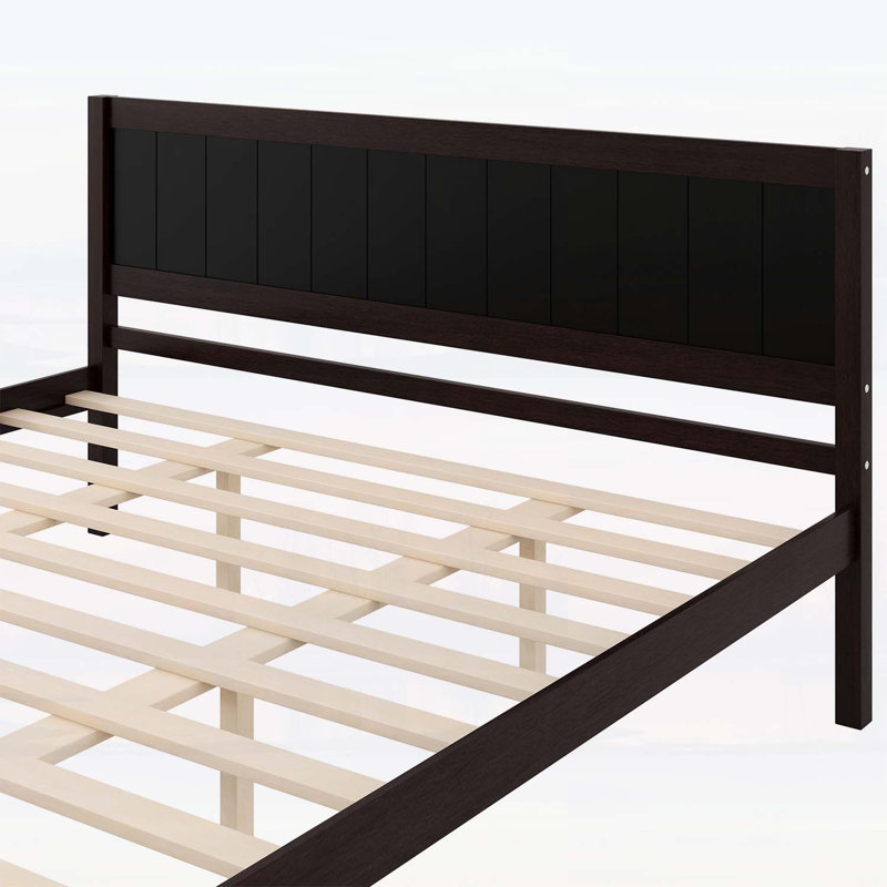 Lit plateforme élégant avec tête de lit et lattes en bois, Espresso