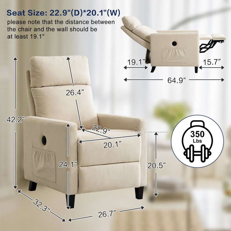 Haldeman Upholstered Power Recliner Sturdy and Durable for Use in Small Spaces, Beige Microfiber