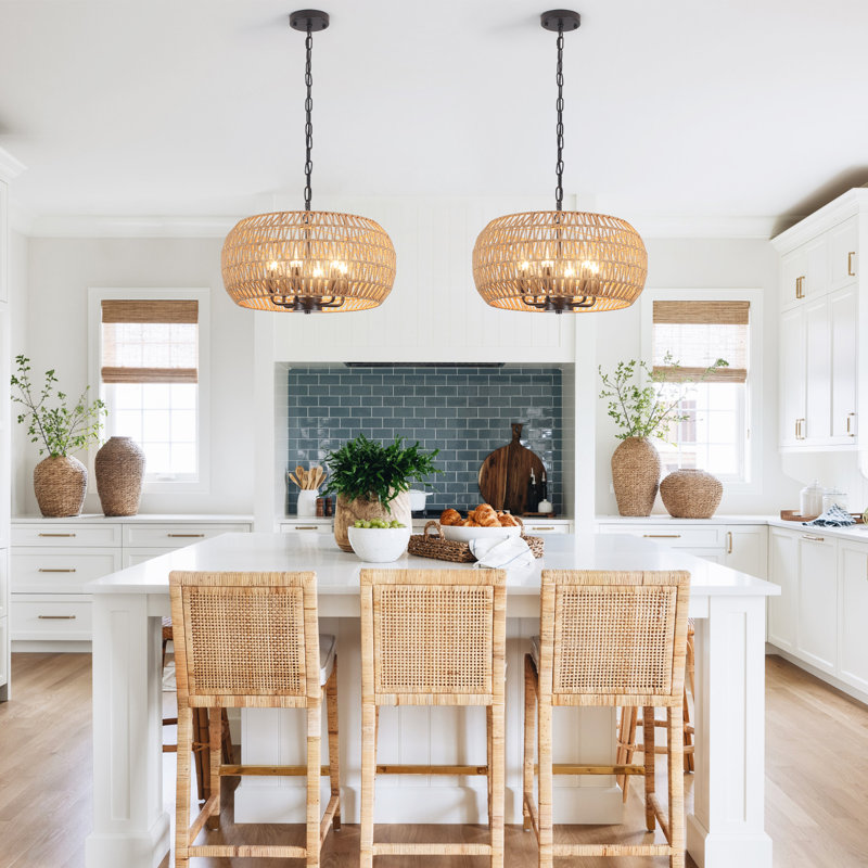 6 - Light Round Drum Hemp Rope Rattan Boho Chandelier, Natural Rattan Bohemian Pendant Light For Kitchen Island, Living Room-18.89"W x 68.69"H