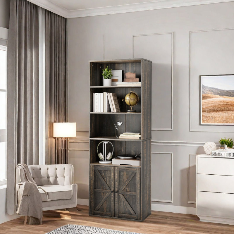 Tall Bookcase, Wooden 6 Shelf Bookshelves, Dark Grey