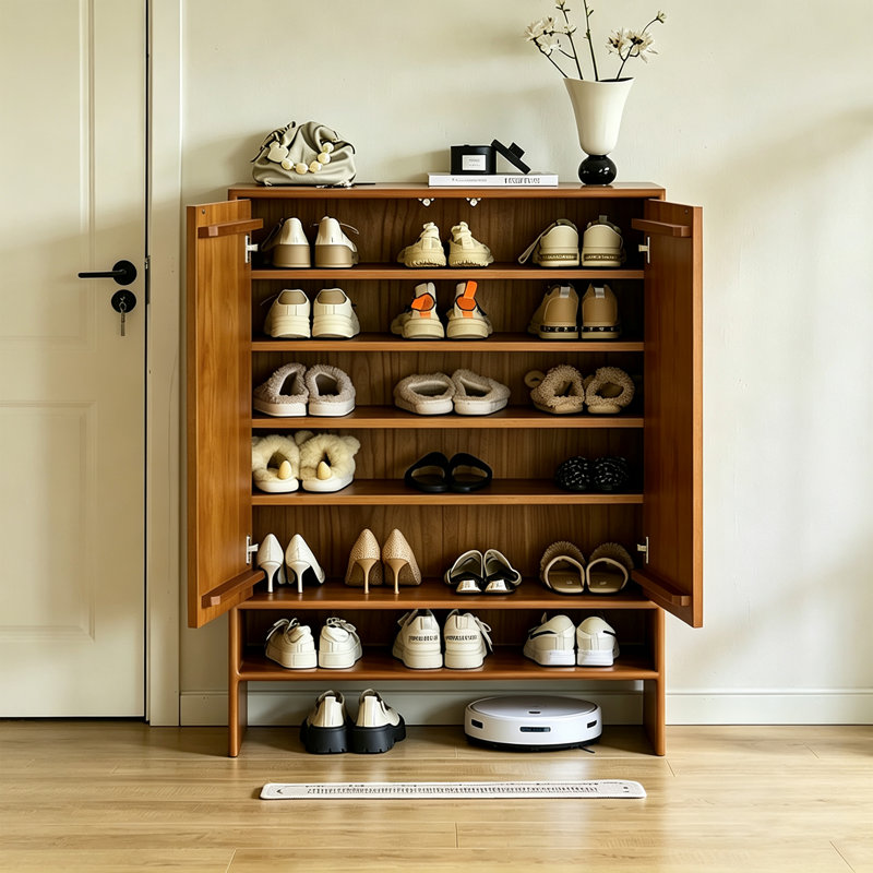 Solid Cherry Wood Natural‑Tone Large‑Capacity Shoe Cabinet with Adjustable Shelves