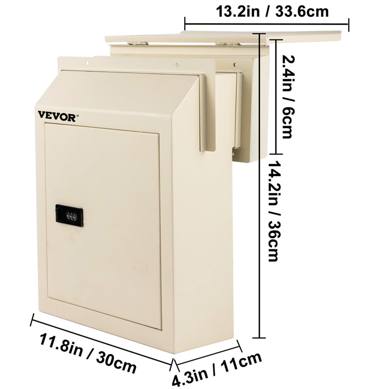 Through-The-Door Locking Drop Box, 14.2'' Door Drop Box, Door Slot Mailbox w/1.77'' Chute & Code Lock, Rainproof Steel Mail Catcher for Depositing Mail, Keys, Rents, Checks, Beige