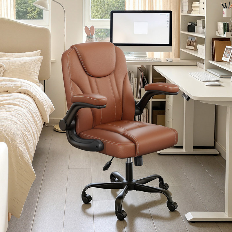 Ergonomic Executive Leather Office Chair, Tilt Adjustment Swivel Desk Chair With Flip-Up Arms And Water-Resistant Upholstery