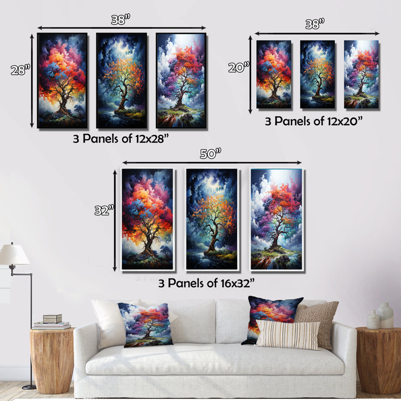 «Blue Red Oak Tree Oak Symphony», 3 pièces sur toile, Toile tendue, H 28 po x l 36 po