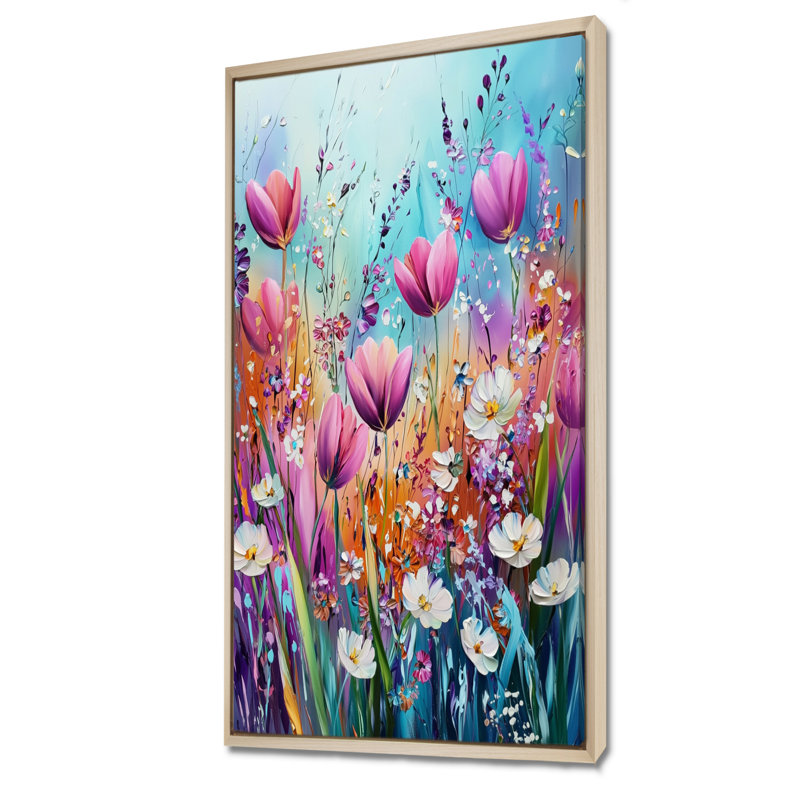 Fantaisie lavande et champ de tulipes VI - art mural encadré tulipes, H 60 po x l 28 po, Crème, crème