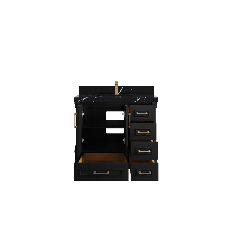 36'' Single Bathroom Vanity with Quartz Top, Calacatta Black, Black