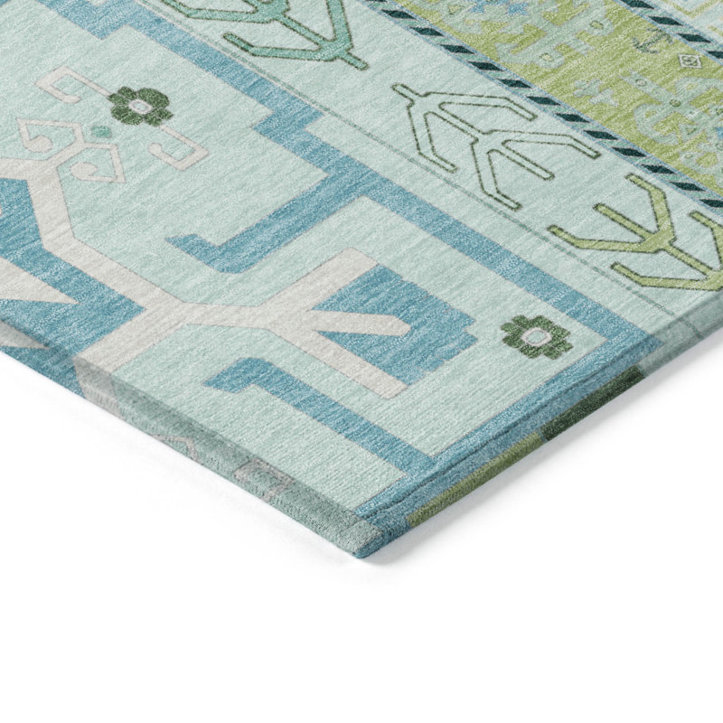 Tapis intérieur / extérieur aztèque lavable vert menthe 5 pi x 8 pi bleu et ivoire