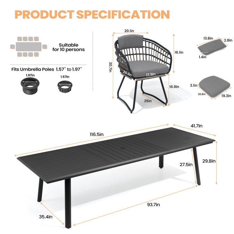 10 - Person Aluminum Dining Set With Removable Cushions And Umbrella Hole, Gray