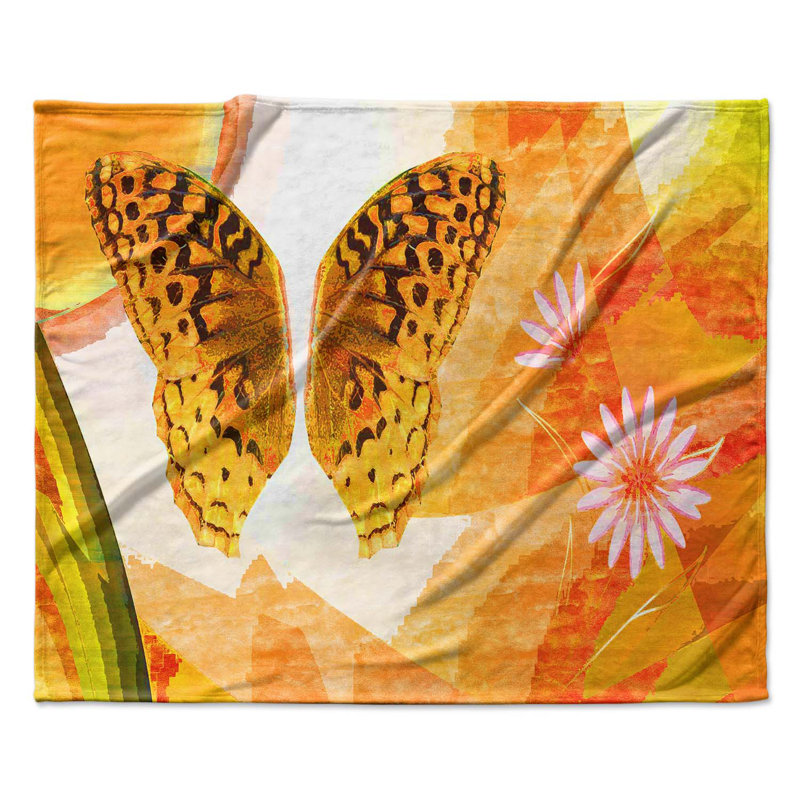 Orange Butterfly Polyester Comforter, Queen Comforter + 2 Standard Pillowcases
