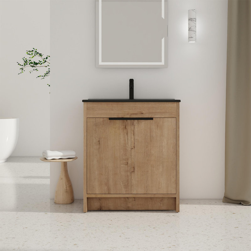 Meuble-lavabo simple autoportant 30 po avec comptoir en céramique Barrero, Noir, Imitation chêne